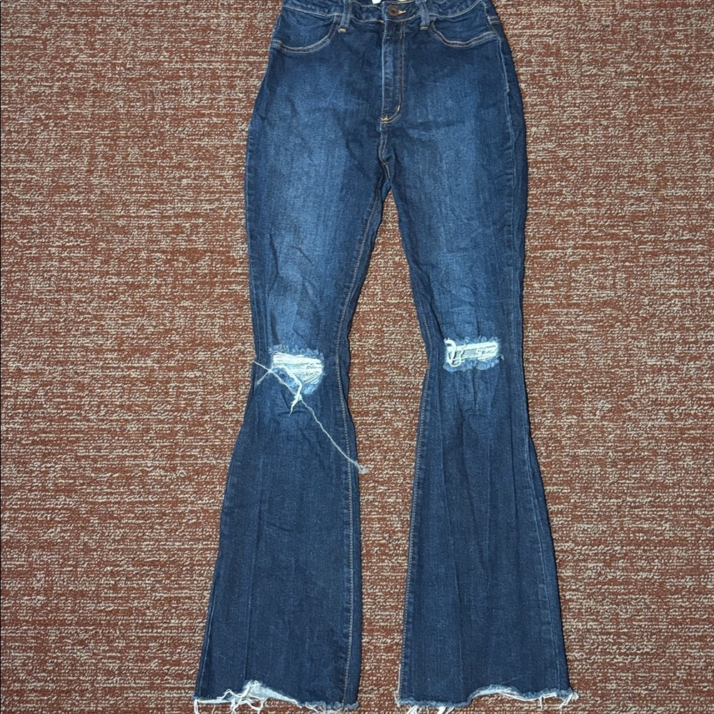 Aphrodite dark wash denim flare distressed ripped knee jeans Womens 9 high rise